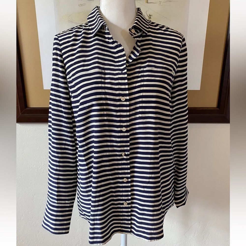 J. Crew Navy Blue Striped Silk The Boy Shirt Size 4